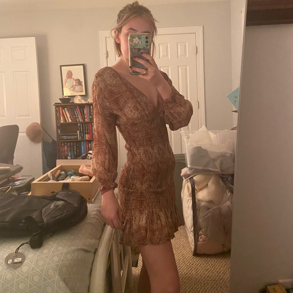 Rouched Puff Sleeve Dress with snake skin like pattern. Size small.